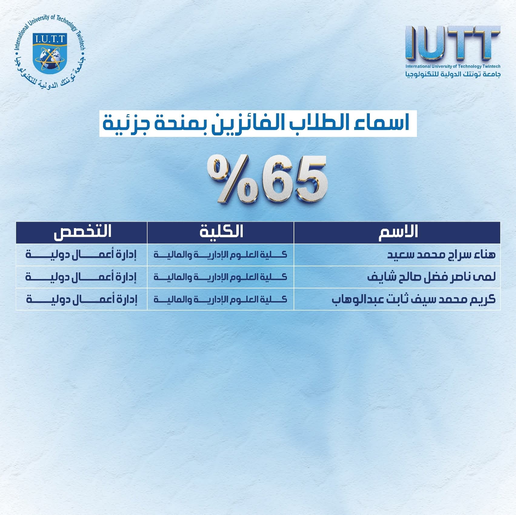منح جزئية بنسبة 65% لطلاب كلية العلوم الإدارية والمالية بجامعة تونتك